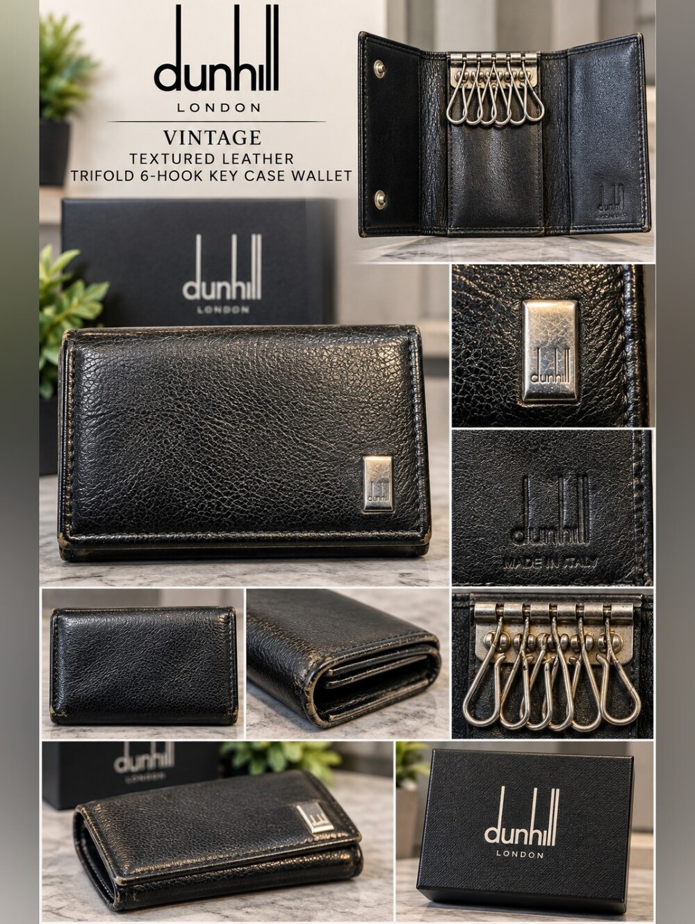 Vintage Dunhill Black Textured Leather Trifold 6-Hook Key Case Wallet